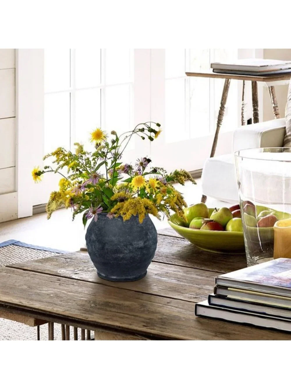 Rustic Vintage Ceramic Vase - 6.1'' Farmhouse Decor, Distressed Texture, Wide